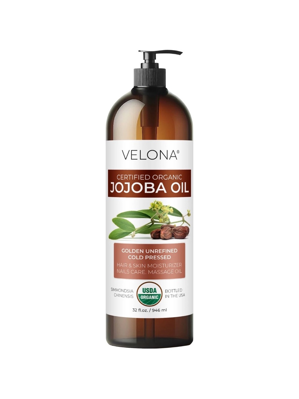 Velona Organic Jojoba Oil 32 oz – Hexane Free Carrier Oil for Hair, Skin& Nails
